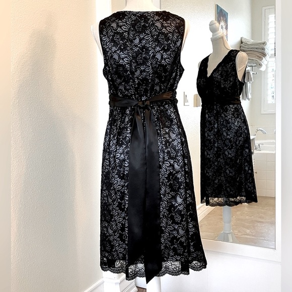 Black lace over silver gray sleeveless party dress, Pea in a Pod size Large - Picture 3 of 15